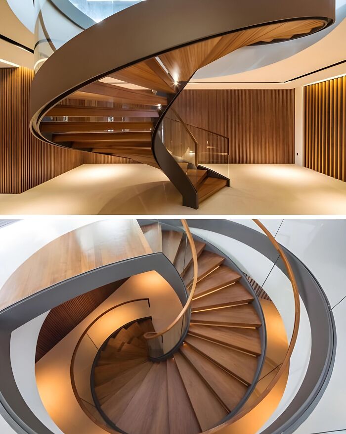 Spiral staircase woodworking project made of wood and metal with modern design in a stylish, well-lit interior space.