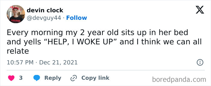 Tweet from devin clock humorously describing a 2-year-old yelling for help upon waking, a relatable meme from 50 memes.