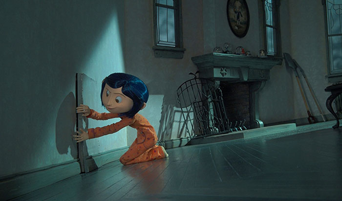 A scene from the movie Coraline featuring a young girl with blue hair, wearing orange pajamas, kneeling on the floor in a dimly lit room. She is opening a small door in the wall, peeking inside with curiosity. The room is sparsely furnished with a fireplace and old tools, creating an eerie and mysterious atmosphere. Sunlight streams through the windows, casting shadows that enhance the sense of intrigue and adventure. A scene from the movie Coraline featuring a young girl with blue hair, wearing orange pajamas, kneeling on the floor in a dimly lit room. She is opening a small door in the wall, peeking inside with curiosity. The room is sparsely furnished with a fireplace and old tools, creating an eerie and mysterious atmosphere. Sunlight streams through the windows, casting shadows that enhance the sense of intrigue and adventure.
