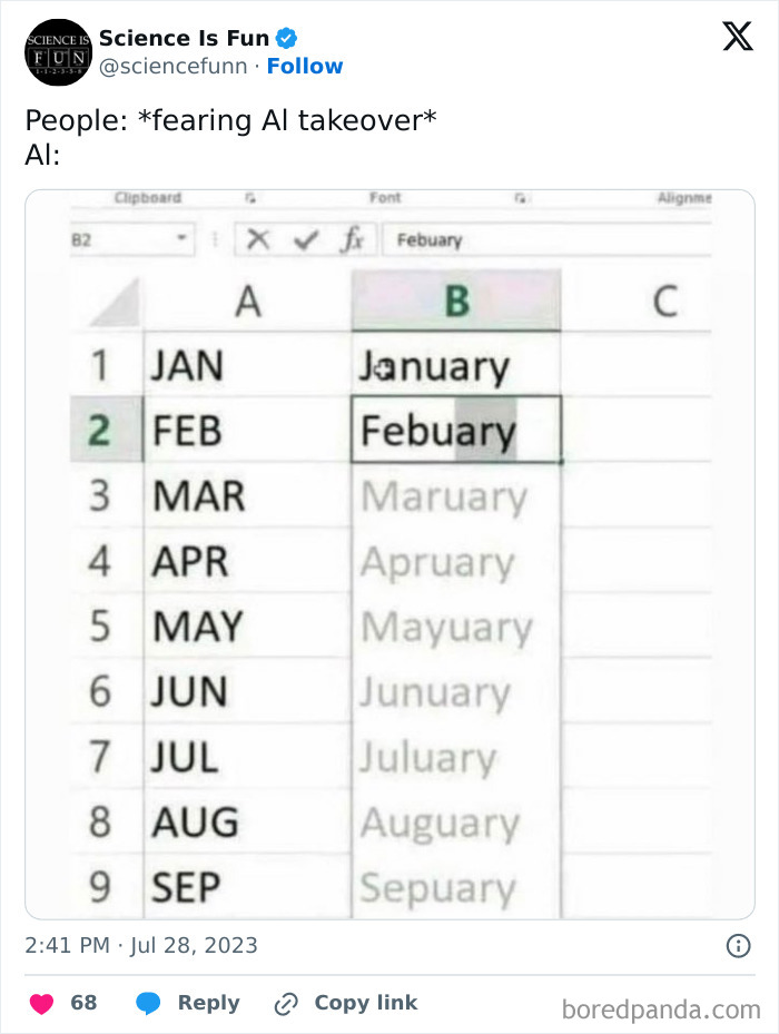 Excel spreadsheet showing months with AI-generated misspellings, featured in hilarious science memes collection.