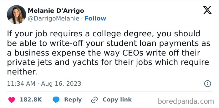 Tweet about job degree requirements and student loan write-offs, fitting the theme of memes that make fun of almost everything.