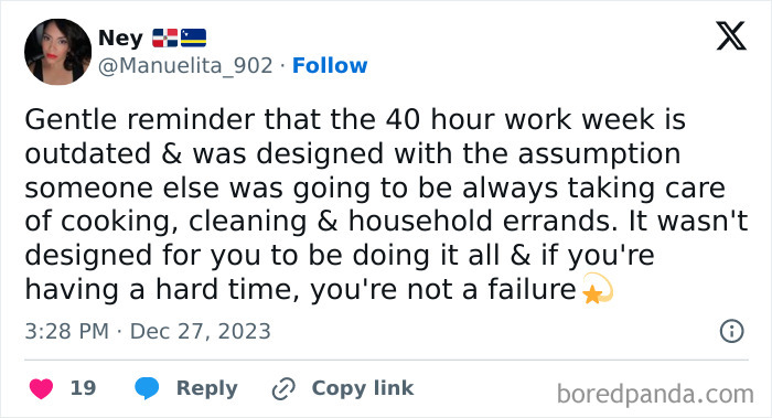 Tweet about the outdated 40 hour work week, highlighting household chores and reflecting relatable memes that make fun of almost everything.