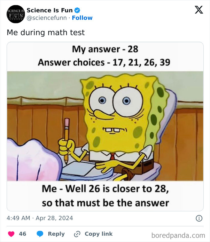 SpongeBob meme showing a math test answer choice error, illustrating a funny moment from science memes collection.