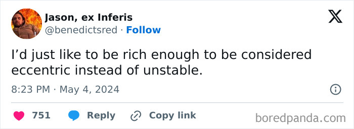 Tweet from Jason humorously wishing to be seen as eccentric, a popular meme style making fun of almost everything online.