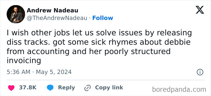 Tweet about solving work issues with diss tracks, showcasing humor in memes that make fun of almost everything.