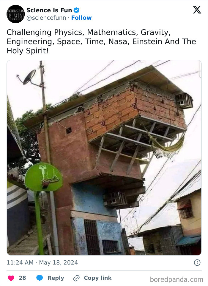Unstable house defying gravity humor with bricks and hammock, showcasing hilarious science meme about physics and engineering.