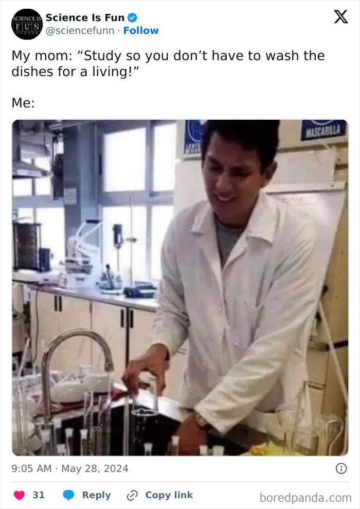 Young scientist smiling while washing lab glassware in a chemistry lab, funny science memes about chores and science.