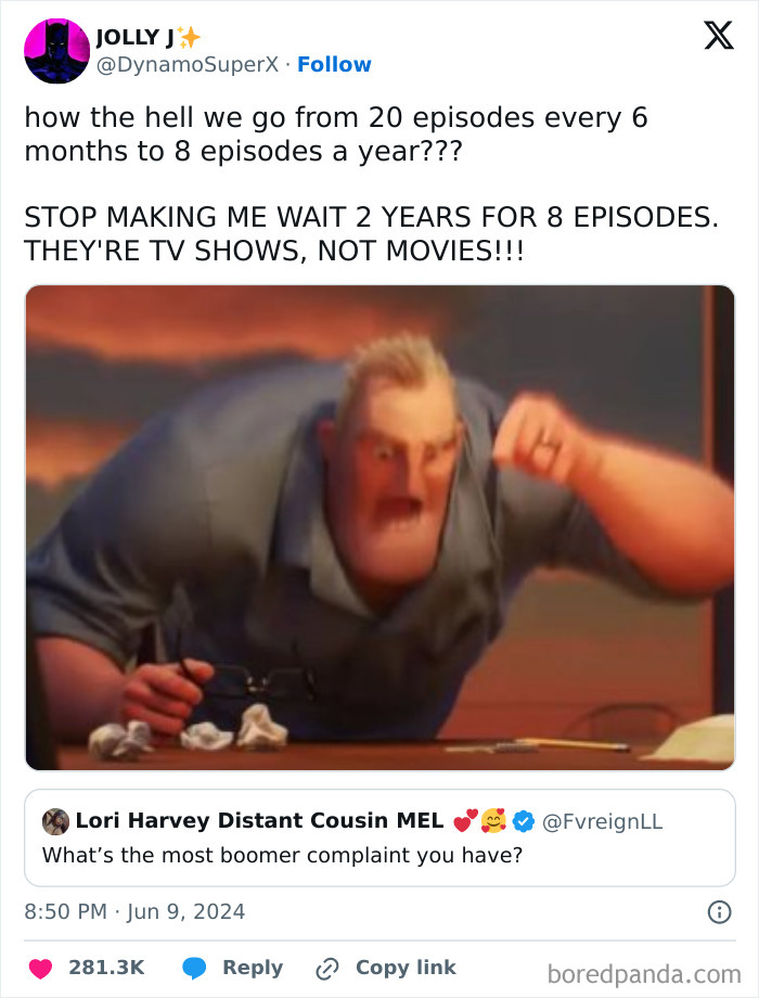 Animated character expressing frustration over TV episode release schedules.