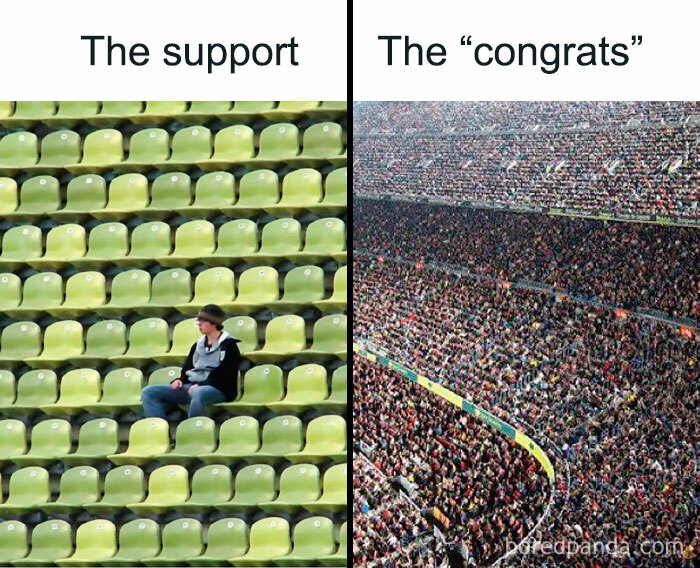 Split image of a nearly empty stadium on the left and a packed stadium on the right for funny memes.