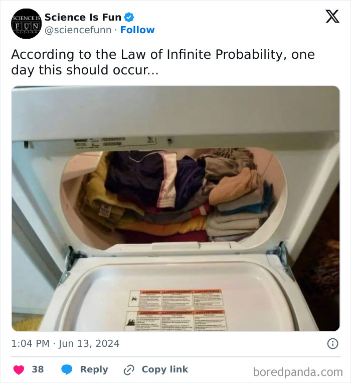 A dryer perfectly packed with neatly folded clothes, illustrating a rare science meme moment.