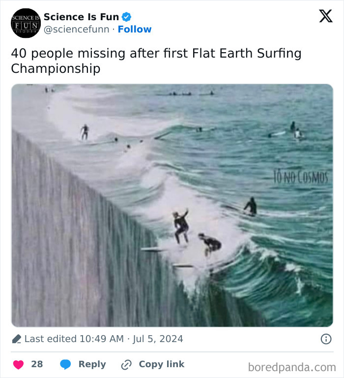 Surfers riding waves at the edge of a flat Earth cliff, illustrating a hilarious science meme about flat Earth theory.