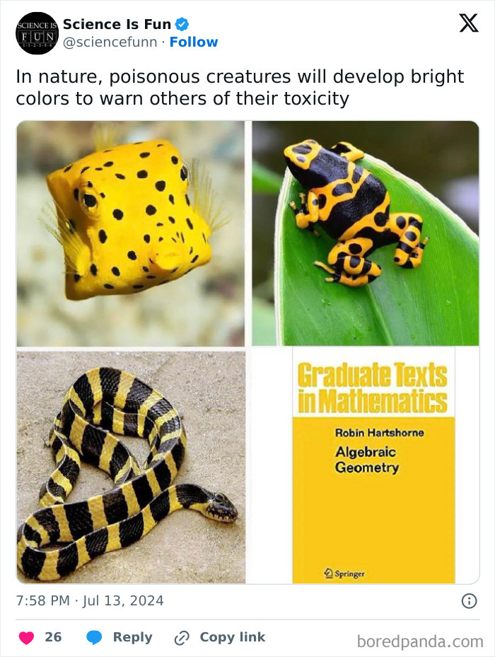 Collage of bright poisonous animals and a yellow mathematics textbook illustrating science memes on toxicity warning.