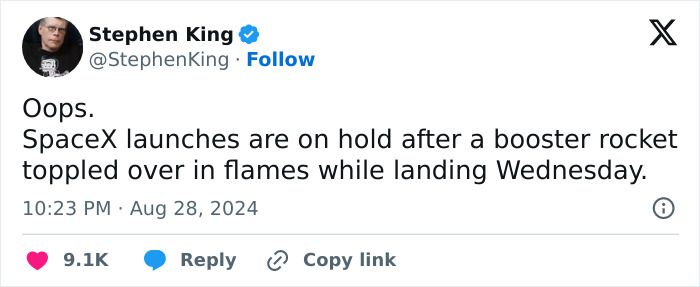 Stephen King's tweet about SpaceX rocket incident, referencing Elon Musk.