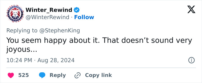 Tweet response to Stephen King mentioning his apparent happiness and questioning its sincerity.