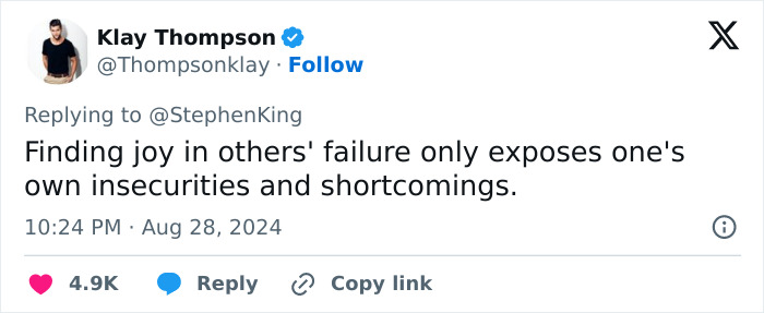 Tweet discussing insecurities and shortcomings after Elon Musk's AI-generated pic of Stephen King backfires.