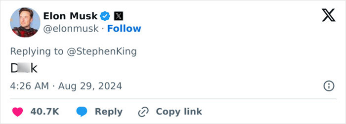 Elon Musk's tweet reply to Stephen King includes a partially censored insult, leading to viral reactions.
