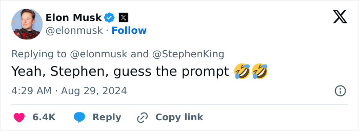 Elon Musk tweet reply with emojis in response to Stephen King.