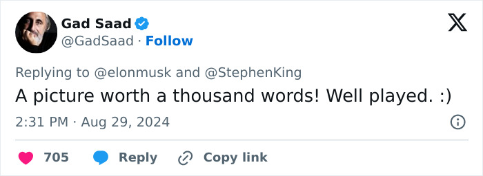 Gad Saad reacts to a tweet involving Elon Musk and Stephen King with "Well played" comment.
