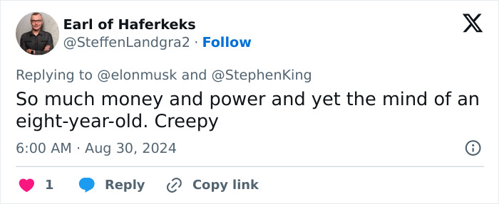 Tweet reacting to Elon Musk insulting Stephen King with AI pic, saying "mind of an eight-year-old.