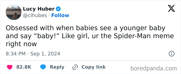 Parenting tweet humor about babies recognizing younger babies, shared on social media with high engagement this month.