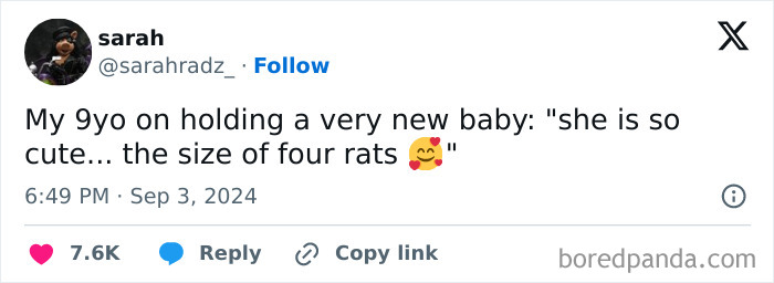 Tweet about a child’s humorous description of a new baby, featured in funniest parenting tweets on the internet.