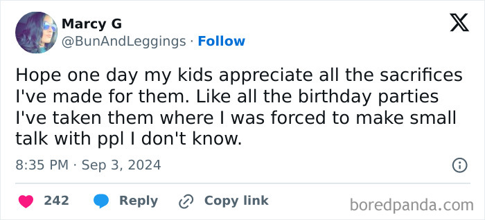 Tweet by Marcy G humorously sharing funny parenting sacrifices including attending awkward birthday parties with kids.