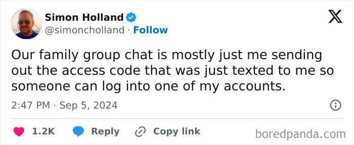 Parenting tweet by Simon Holland joking about family group chat mostly sharing access codes for accounts.