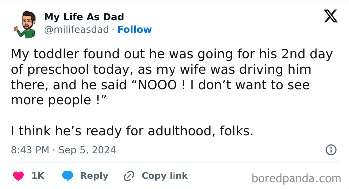 Parenting tweet about a toddler’s funny reaction to preschool, showcasing relatable moments from funny parenting tweets online.