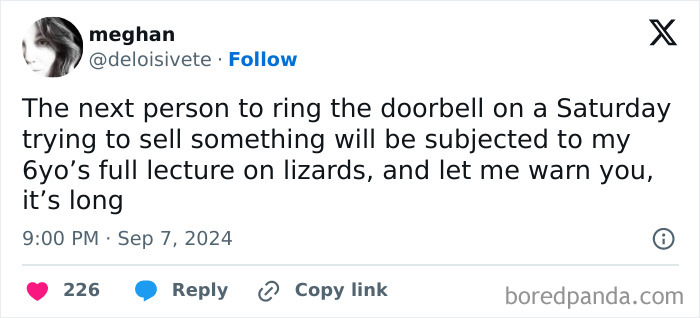 Funny parenting tweet about a child giving a long lecture on lizards to Saturday doorbell salespeople.