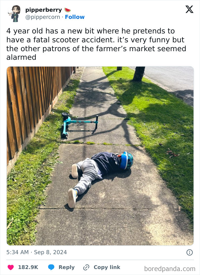 Child pretending to have scooter accident lying on sidewalk, illustrating funny parenting tweets and humorous moments.
