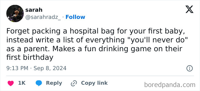 Parenting tweet humor about skipping hospital bag packing for first baby and making a funny drinking game.