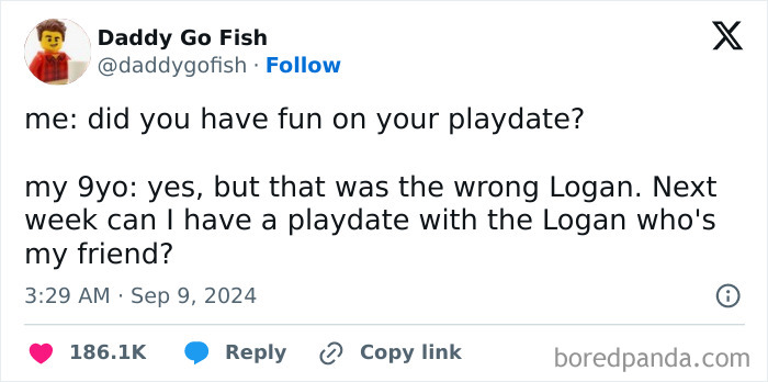 Screenshot of a funny parenting tweet about a child confusing two friends named Logan during a playdate.