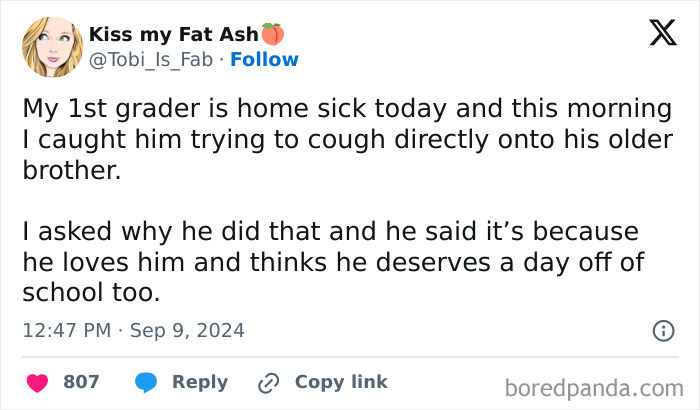 Screenshot of a funny parenting tweet about a sick 1st grader trying to get his brother a day off from school.