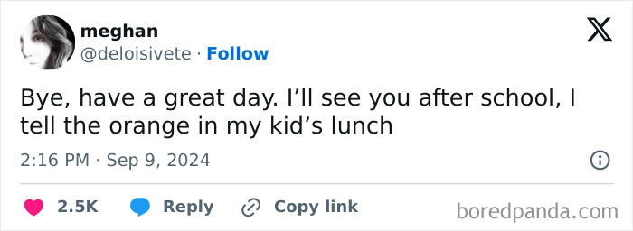 Tweet humor about parenting showing a funny message involving a kid’s lunch orange and school timing.