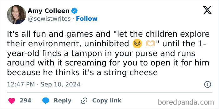 Parenting tweet about a 1-year-old mistaking a tampon for string cheese, highlighting funny parenting moments online.