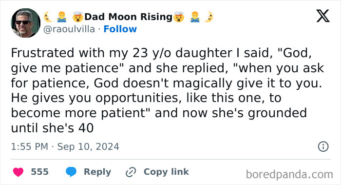 Parent shares a funny parenting tweet about patience and grounding a 23-year-old daughter in a humorous parenting moment.
