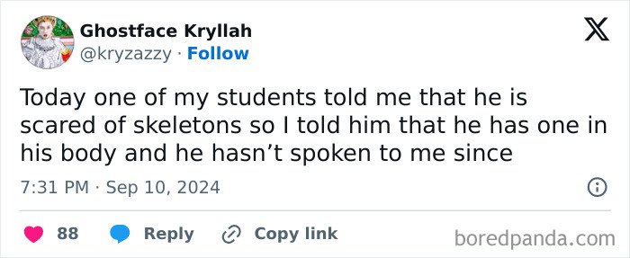 Parenting tweet about a student scared of skeletons, shared humorously on social media this month.