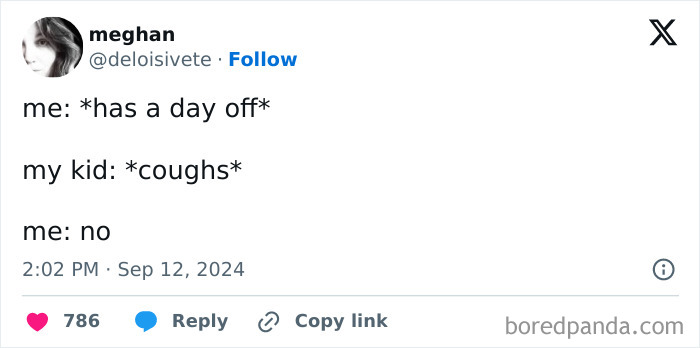 Parenting tweet showing a humorous exchange about a day off disrupted by a child's cough in funny parenting tweets.