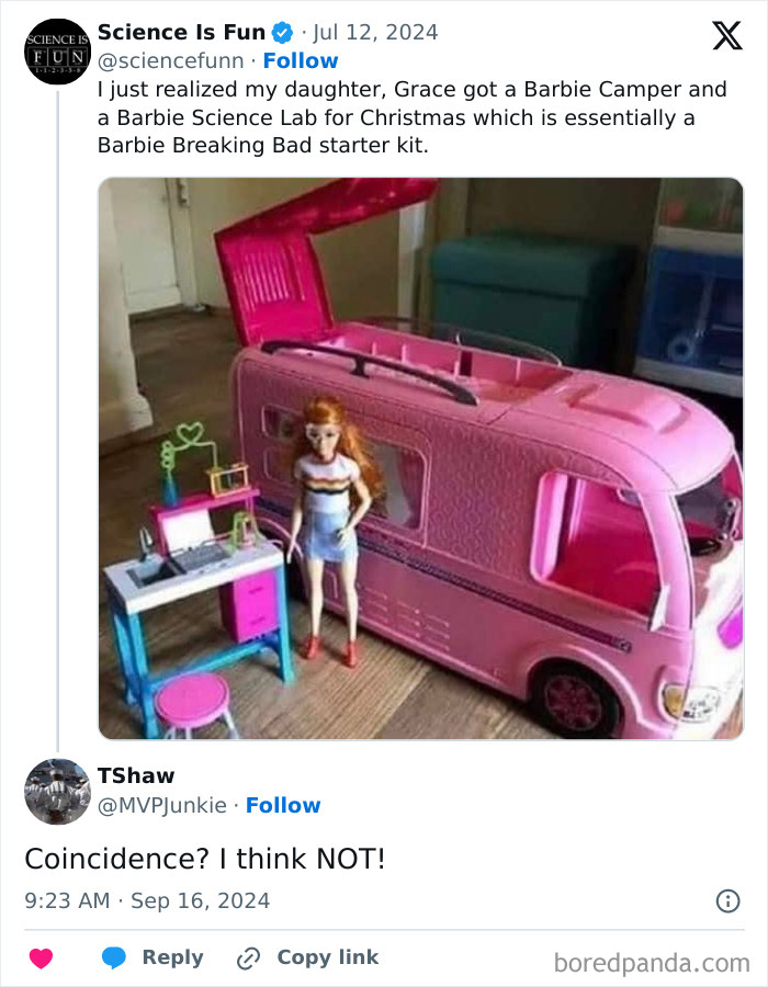 Barbie doll with a pink science lab and camper toy setup, showcasing funny science memes and playful educational toys.