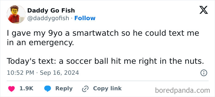 Tweet about parenting humor featuring a dad’s funny text from his 9-year-old using a smartwatch for emergencies.