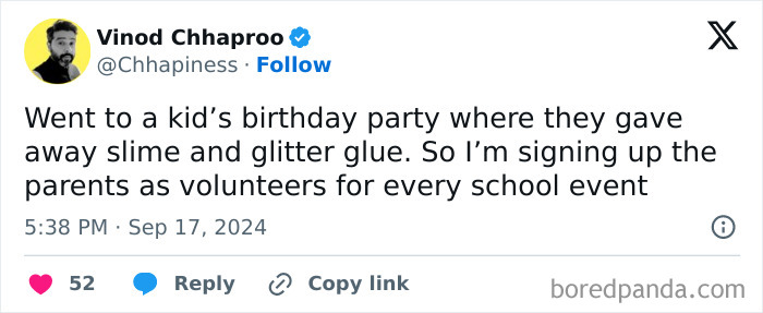 Tweet about volunteering at school events after a kid’s party with slime and glitter glue, highlighting funny parenting tweets.
