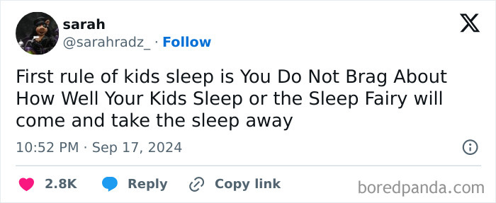 Parenting tweet humor about kids' sleep rules shared on social media highlighting funny moments from parents online.