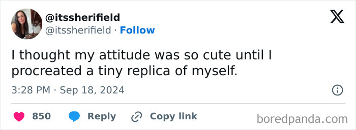 Parenting tweet by user itsherifield joking about attitude change after having a tiny replica of themselves.