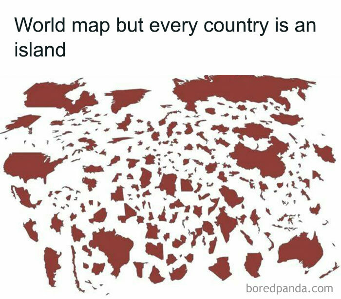 World map with every country shown as separate islands in an unconventional map representing interesting world facts.
