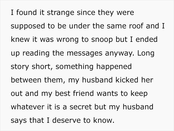 Text discussing a friend's attempt to upgrade accommodations and being kicked out by the husband. Text discussing a friend's attempt to upgrade accommodations and being kicked out by the husband.