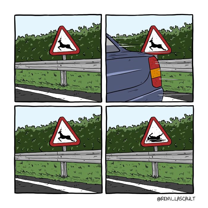 Comic panels showing a dark and bizarre twist on a deer crossing sign, fitting the theme of sharp dark comics.