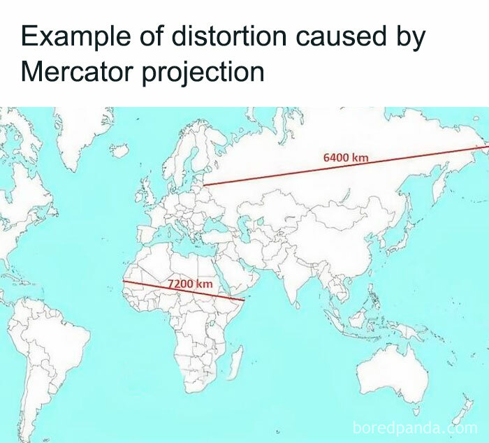 Map showing distortion caused by Mercator projection with distance comparisons between continents for world facts in unconventional maps.