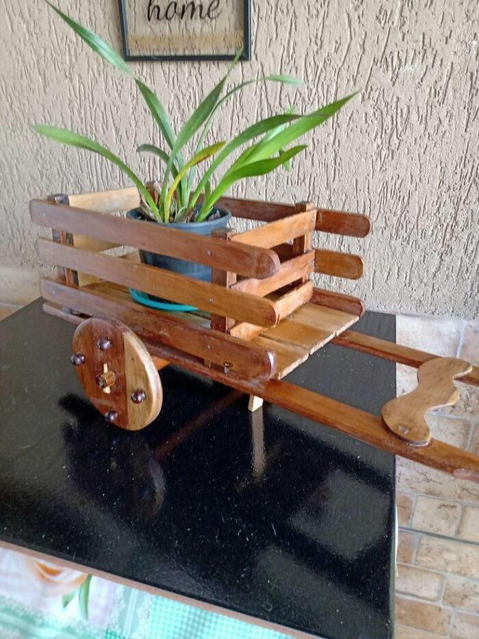 Woodworker project featuring a handmade wooden cart planter holding a potted green plant on a black surface.