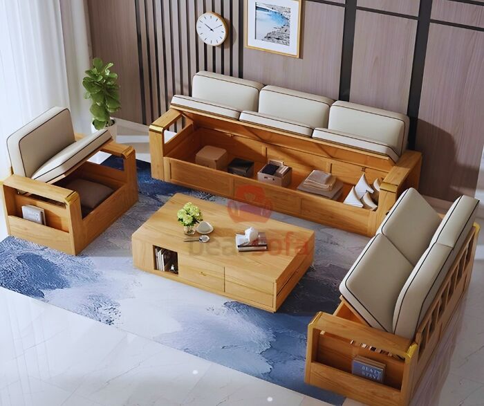 Modern wooden sofa set with storage spaces and cushions, showcasing cool woodworking projects by skilled woodworkers.