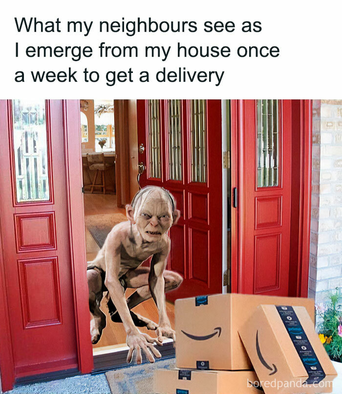 Funny meme showing a creature emerging from a house to collect delivery boxes.